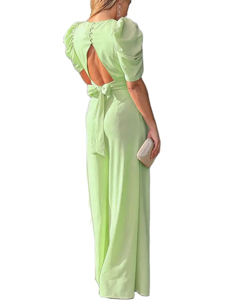 

Sexy V-Neck Backless Slim Lace-Up Jumpsuit Short-Sleeved Wide-Leg Jumpsuit 2022 Summer New Fashion Women'S Clothing