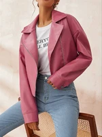 women pink pu jackets casual long sleeve lapel faux leather drop shoulder zipper coat female motor biker street vintage outwear
