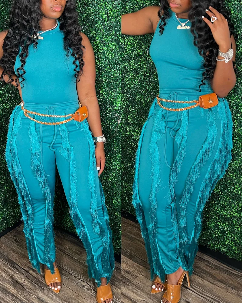 

Fashion Solid Suit Casual Tank Top and Tassel Decor Drawstring Pants Set Summer Skinny Tank Female Two Piece Set Streetwear
