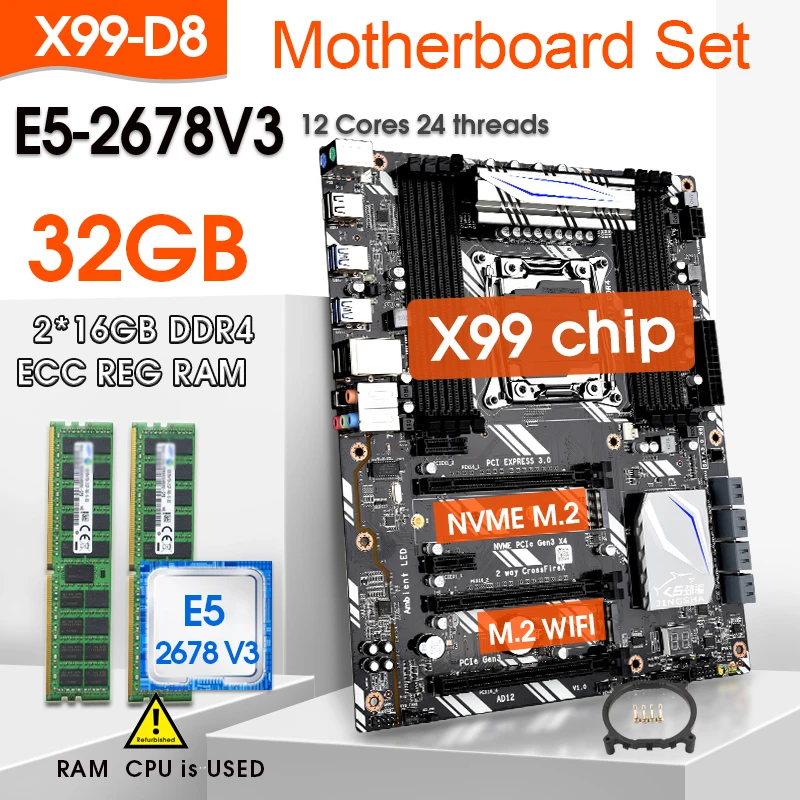 

JINGSHA X99 D8 Motherboard set with Xeon E5 2678 V3 LGA2011-3 2.5GHZ CPU 2pcs X 16GB =32GB 2133MHz DDR4 memory M.2 WIFI Interfac