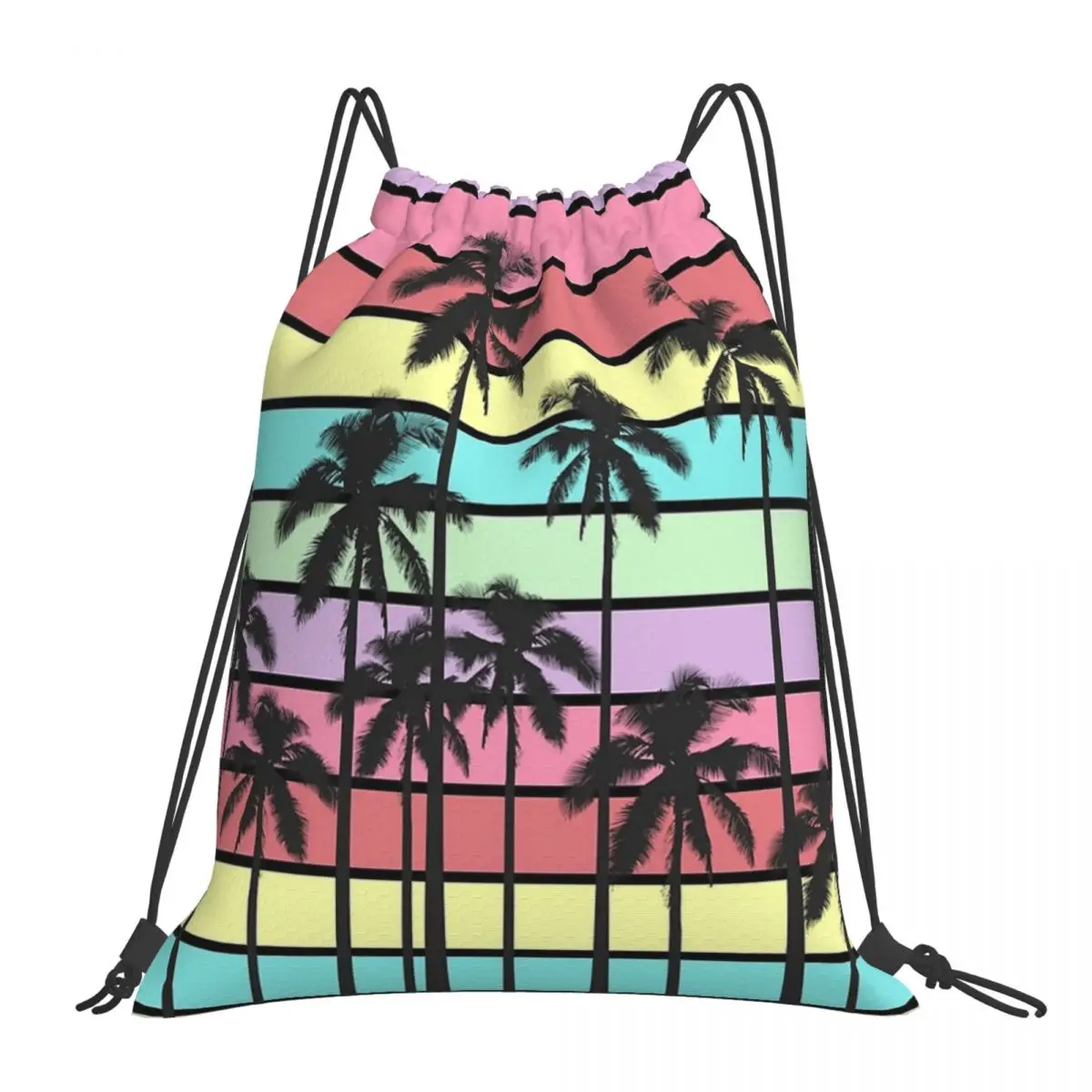 

Colorful Summer Stripes With Tropical Palm Trees Backpacks Portable Drawstring Bags Drawstring Bundle Pocket Sports Bag Book Bag