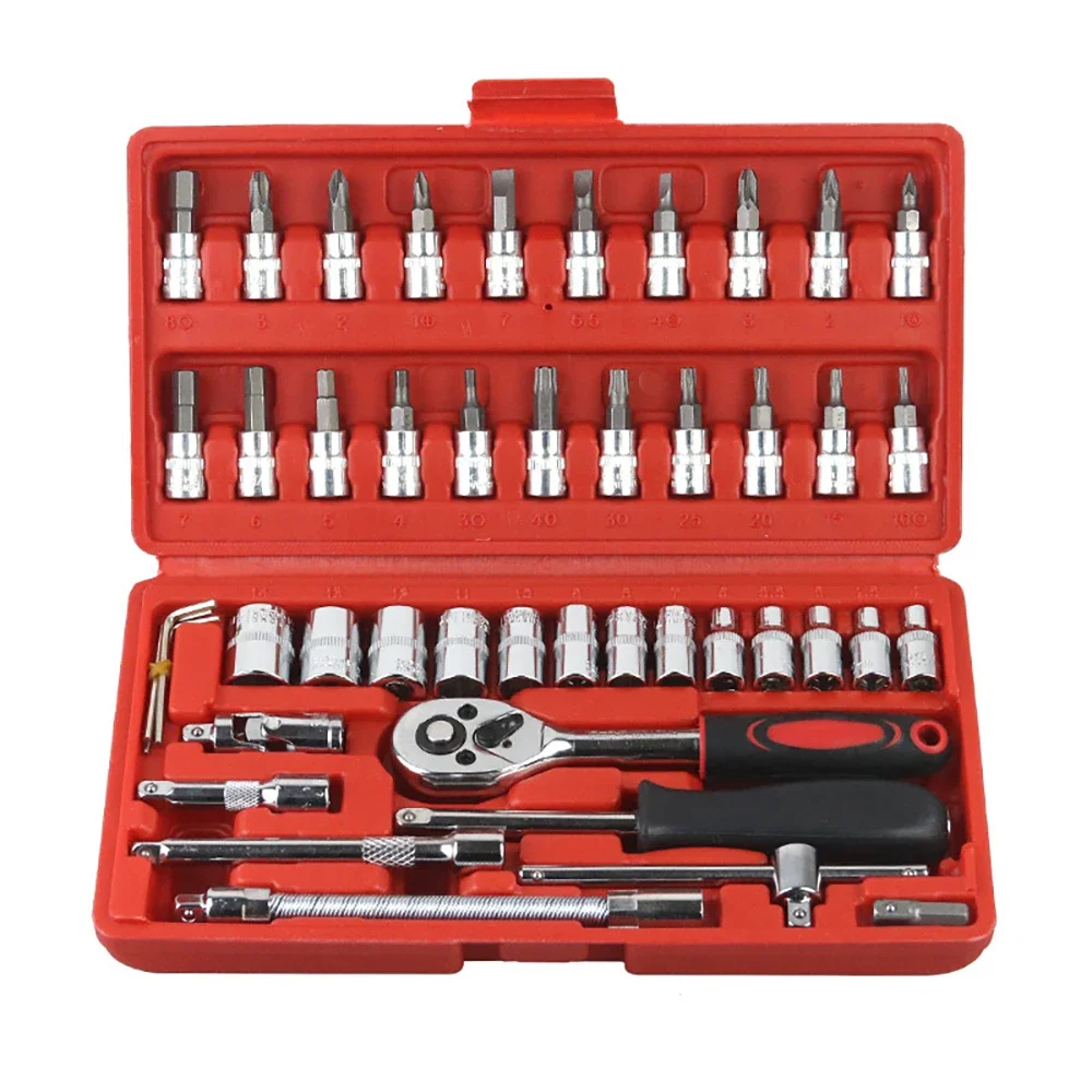 

46pcs Quick Ratchet Socket Wrench Set 24-tooth Fine Ratchet Wrench 1/4-inch Socket Combo Household Auto Repairing Tools Kit
