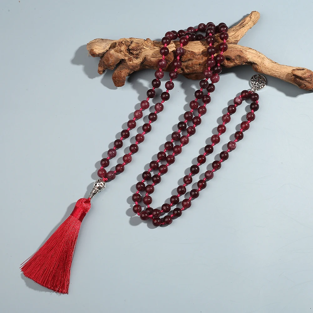 8mm Garnet Beaded Knotted 108 Mala Necklace Meditation Yoga Prayer Rosary Men and Women Tree of Life Pendant  Japamala Jewelry