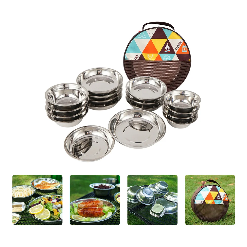 

1 Set of Compact Metal Stainless Steel Bowls Dinning Set Tableware for Outdoor Parks
