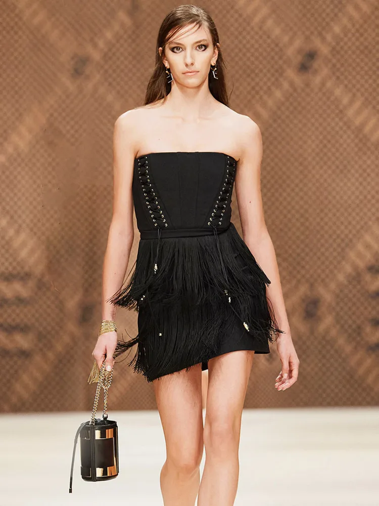 

Черное бежевое Бандажное платье для женщин, летнее Боди без бретелек, со шнуровкой и кисточками, мини-платье знаменитости, вечернее Клубное платье