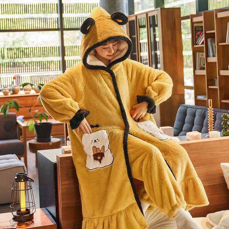 FUNISHI Inspissate Coral Fleece Cartoon Nightdress Winter Pajamas Loose Version Hooded Women Sleepwear Plus Size Pajama Set