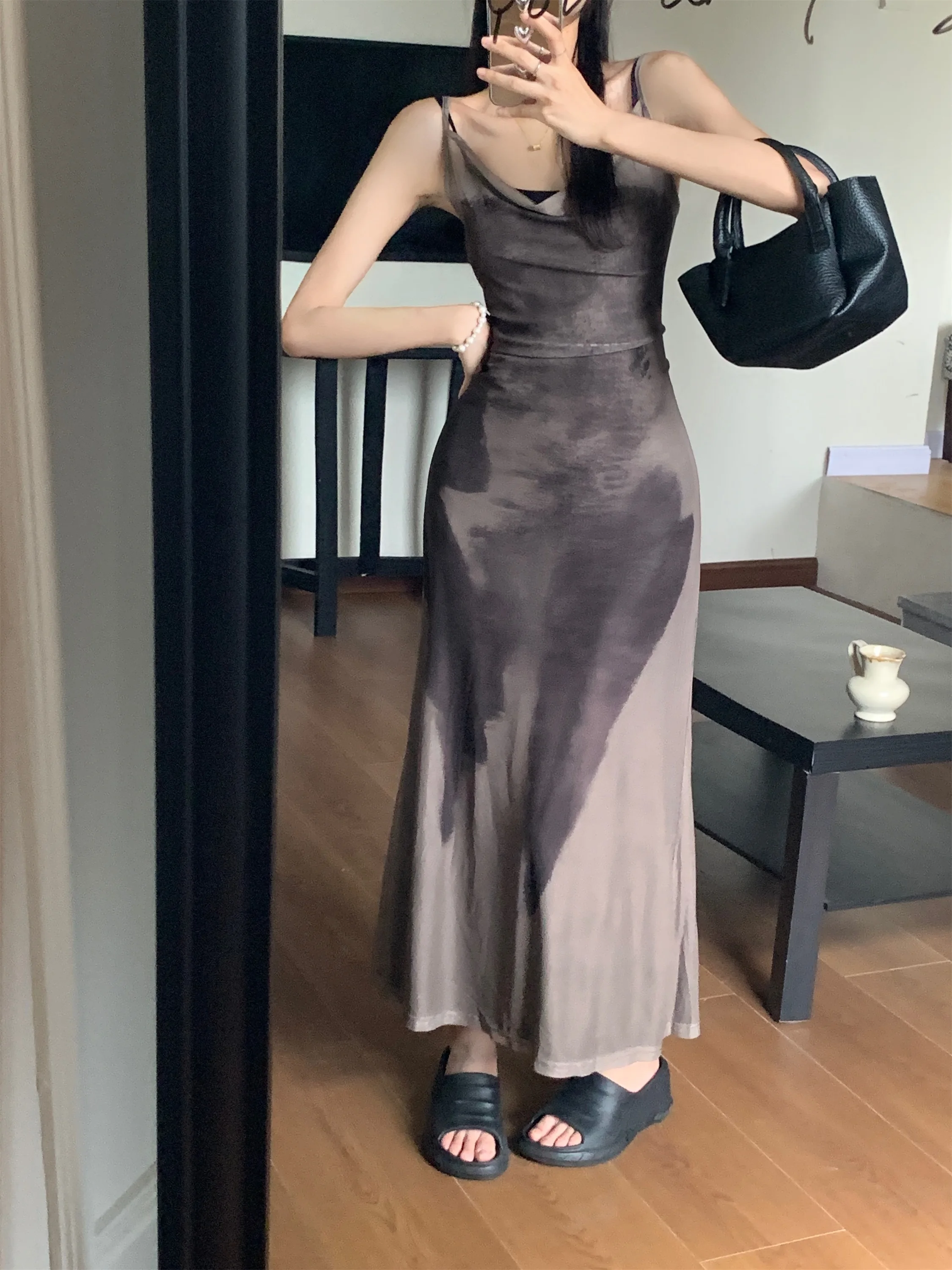 

Женское платье средней длины на бретелях, длинное облегающее Сетчатое платье в Корейском стиле, элегантное привлекательное винтажное платье с градиентом, в стиле бохо, y2k, лето 2023
