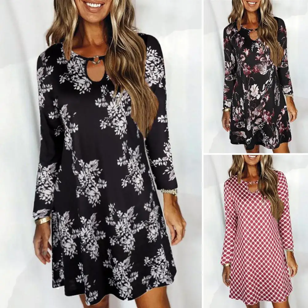 

Autumn Casual Dress A-line Printing Long Sleeves Round Collar High Waist Decorate Pullover Women Bohemian Loose Dress for Daily