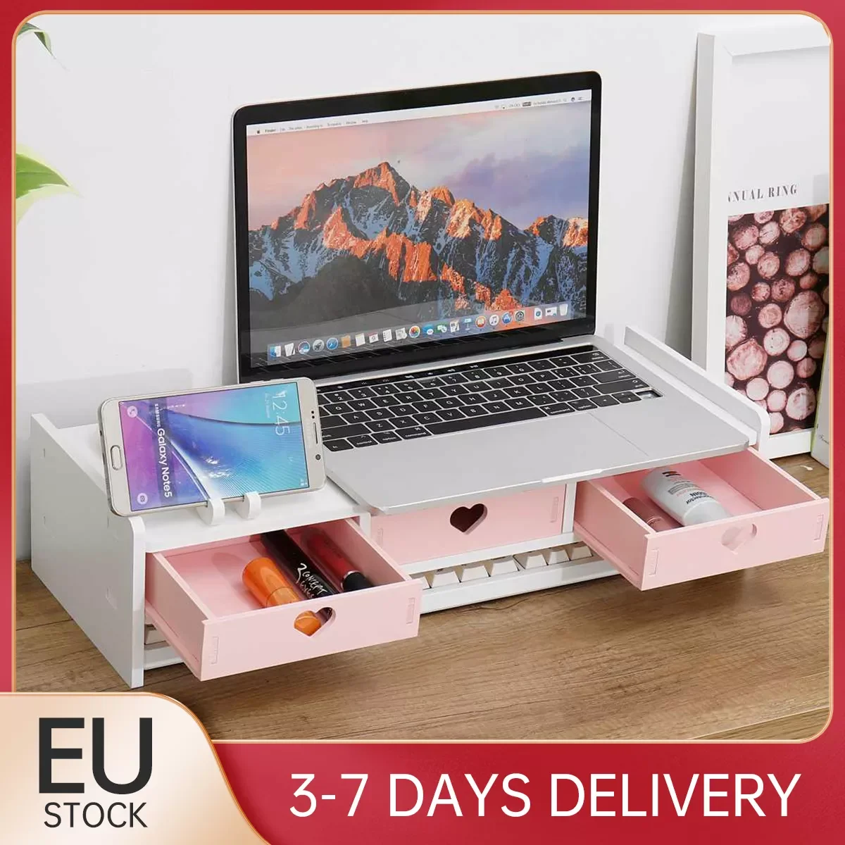 Monitor Stand Monitor Support Laptop Computer Stand PVC Wood Monitor Riser Shelf Desktop Screen Riser Cute Holder 3 Drawers