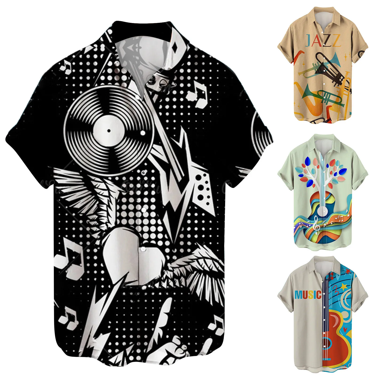 

Mens Summer Fashion Leisure Personality Musical Instruments Digital 3D Printed Lapels Buttons Short Beachwear Camisas De Hombre