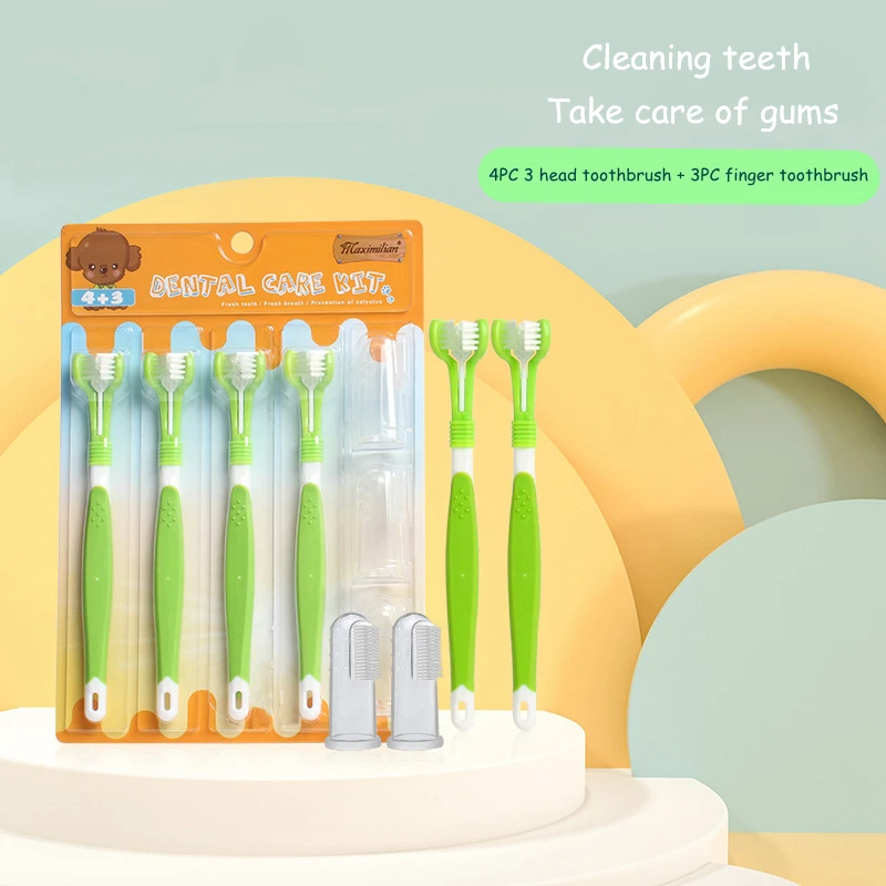 

Зубная щетка для домашних питомцев, 3-сторонняя мягкая нейлоновая зубная щетка с щетиной, для уборки полости рта, зубная паста для домашних п...