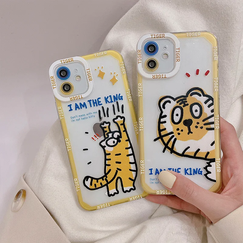 

Cute Cartoon Tiger Phone Case For iPhone 13 12 11 Pro Max Mini XR Xs 7 8 PLUS SE Border Lens Protection Transparent Back Cover