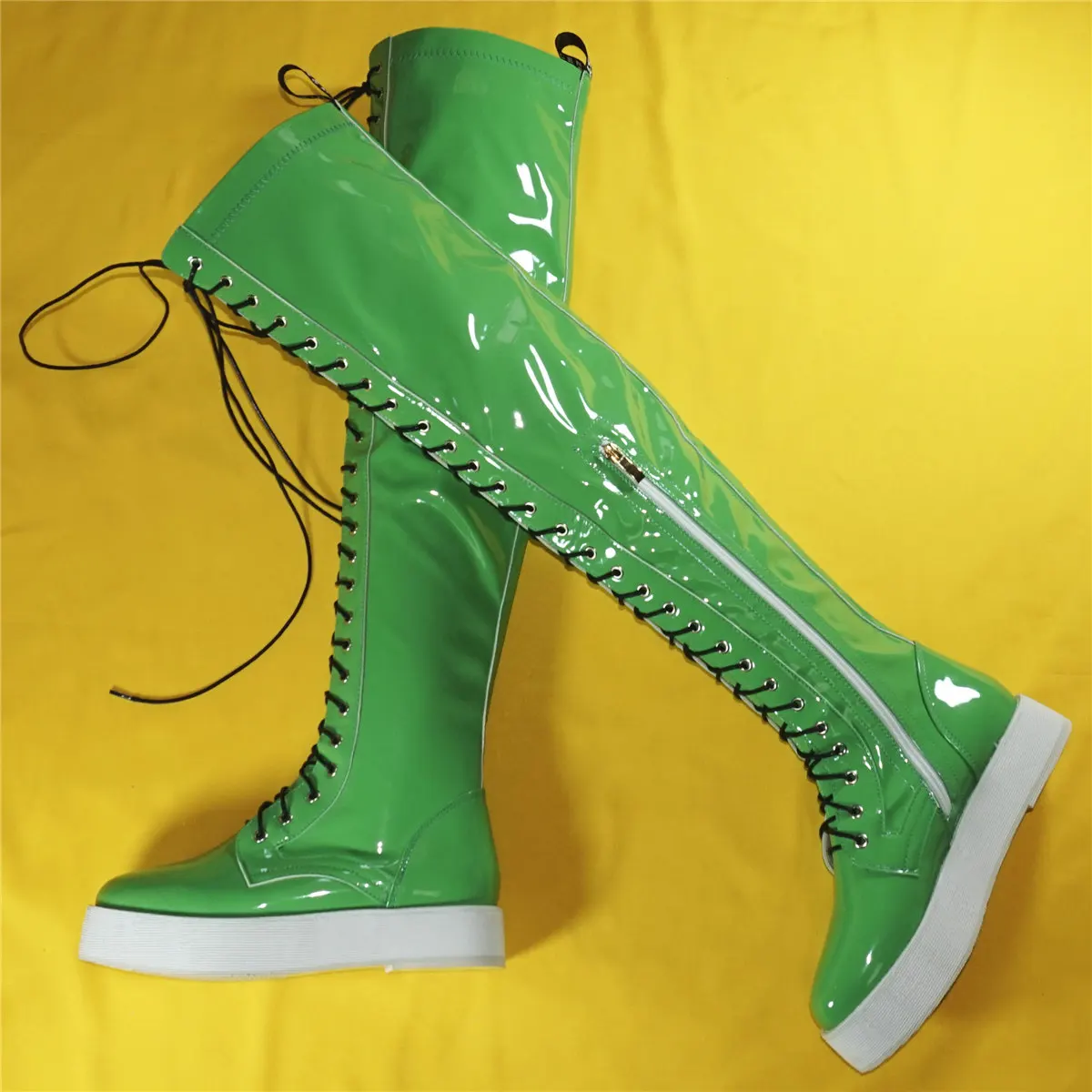 Green Platform Pumps Women Lace Up Patent Leather Over The Knee Thigh High Boots Female Round Toe Fashion Sneakers Casual Shoes