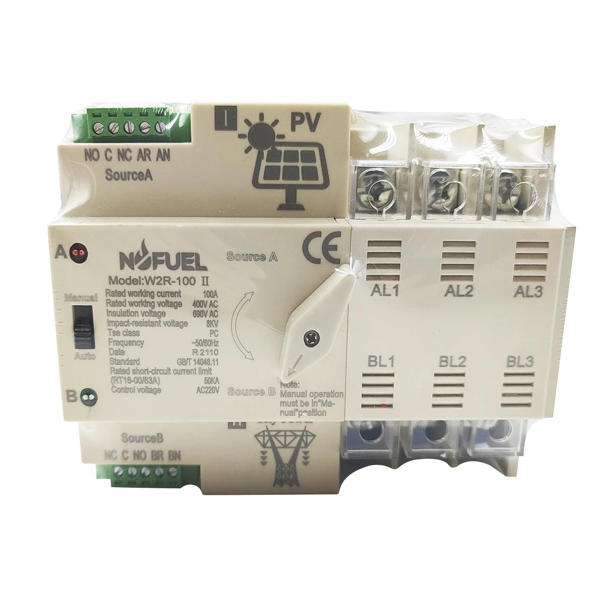 NOFUEL PV Солнечный автоматический резервный переключатель 3P 100A 220V Solar To Grid Dual Power