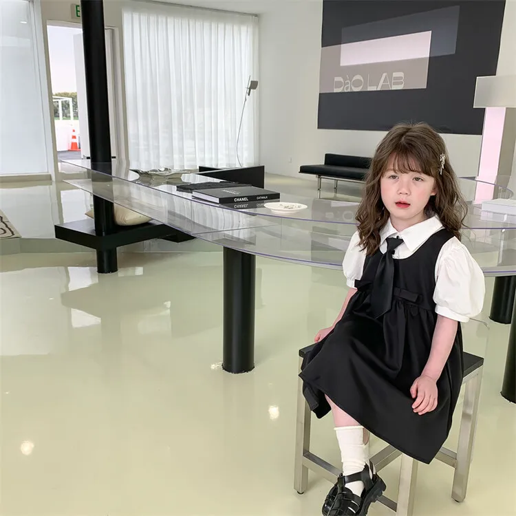 

Платье из двух предметов для маленьких девочек, лето 2022, детская одежда, белая блузка с коротким рукавом для маленьких девочек и платья без р...