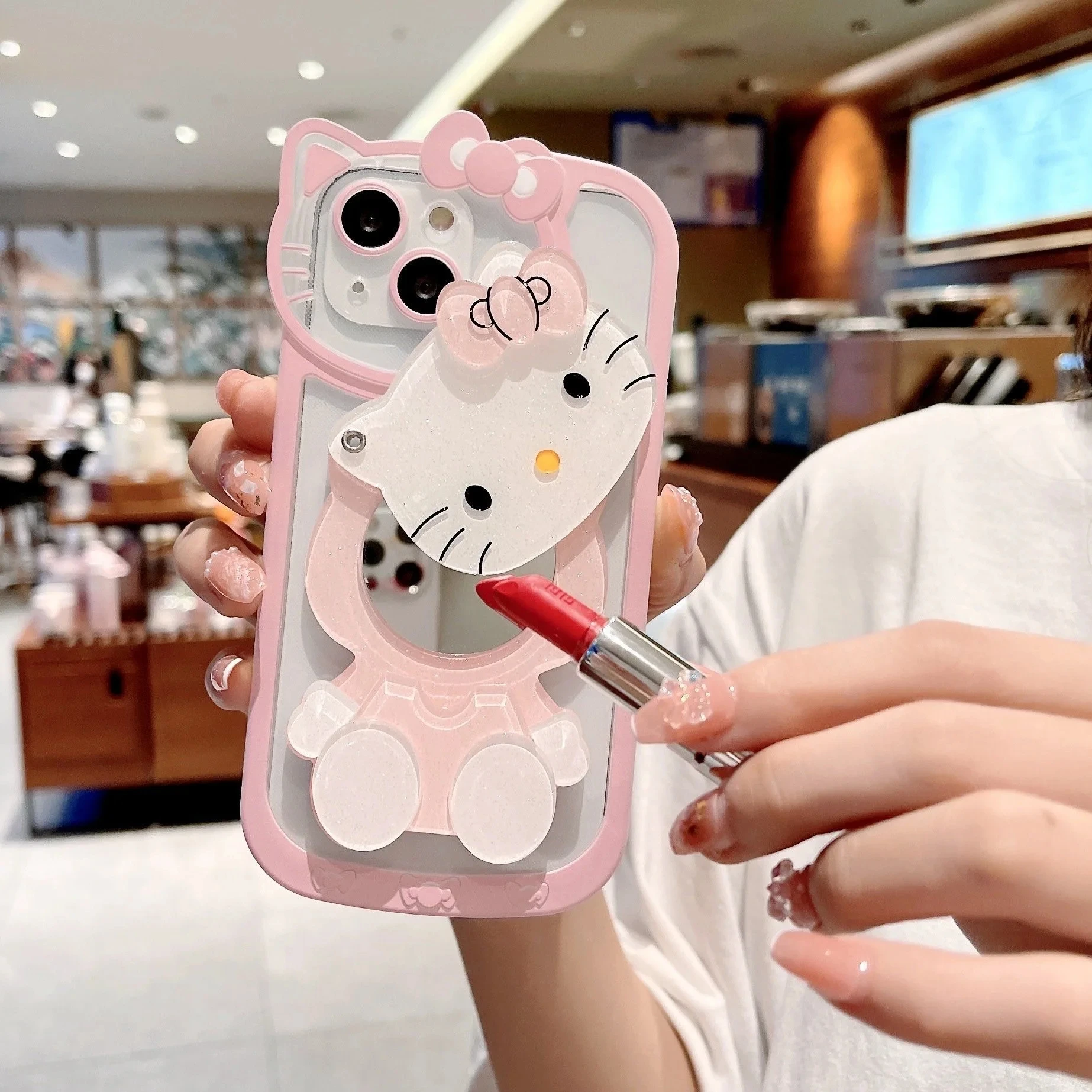 Чехол для телефона Sanrio Hello Kitty Kawaii KT с зеркалом iPhone 16 15 14 13 Pro Max 11 12 XR XS MAX 7 8Plus Girl Y2K Cover