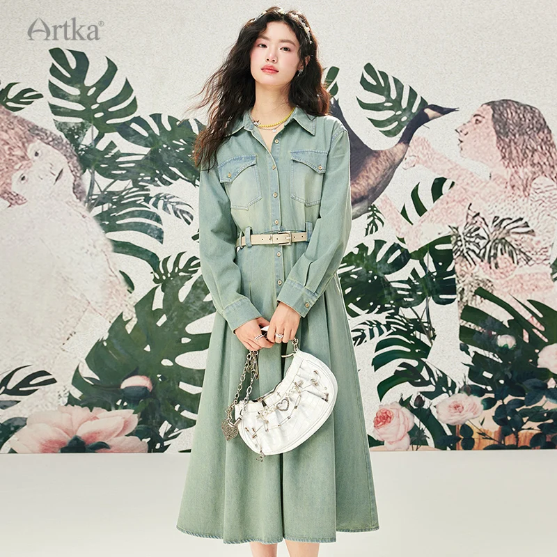 Женское джинсовое платье-рубашка с поясом ARTKA синее длинное винтажное длинным