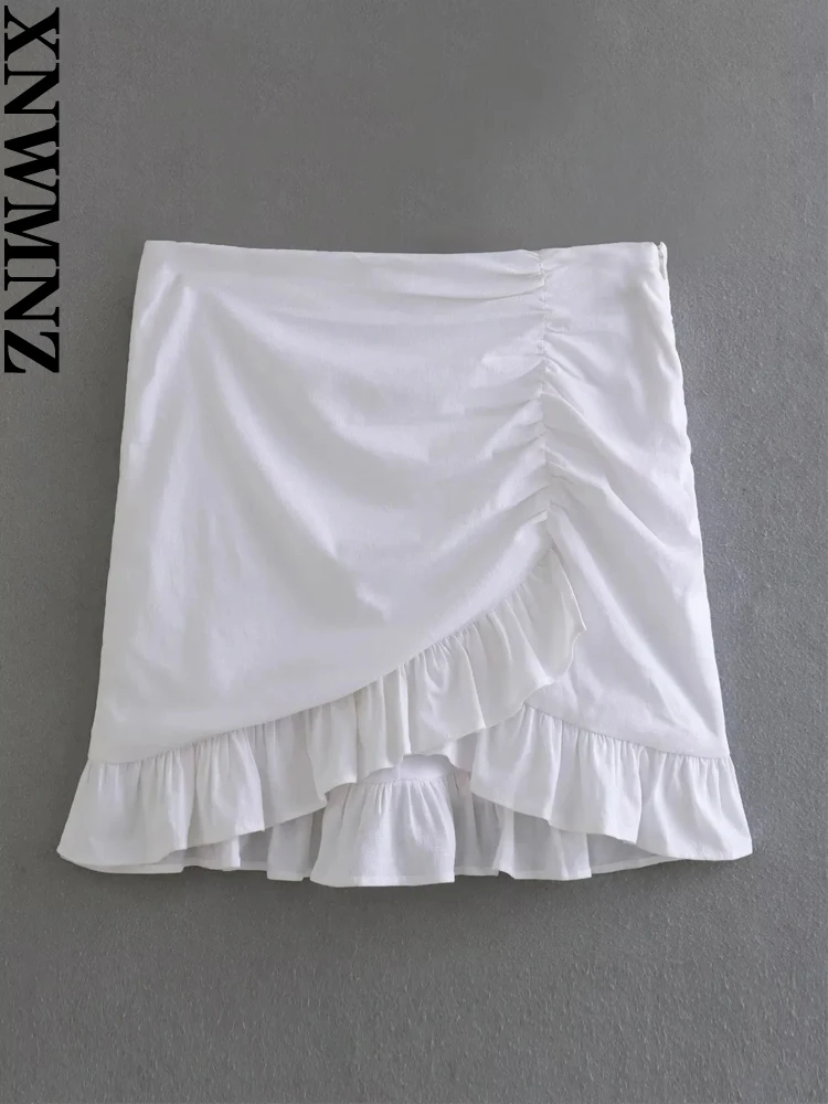

XNWMNZ Women's Fashion 2023 White Draped Mini Skirt Women Vintage High Waist Ruffle Hem Versatile Female Chic Skirt
