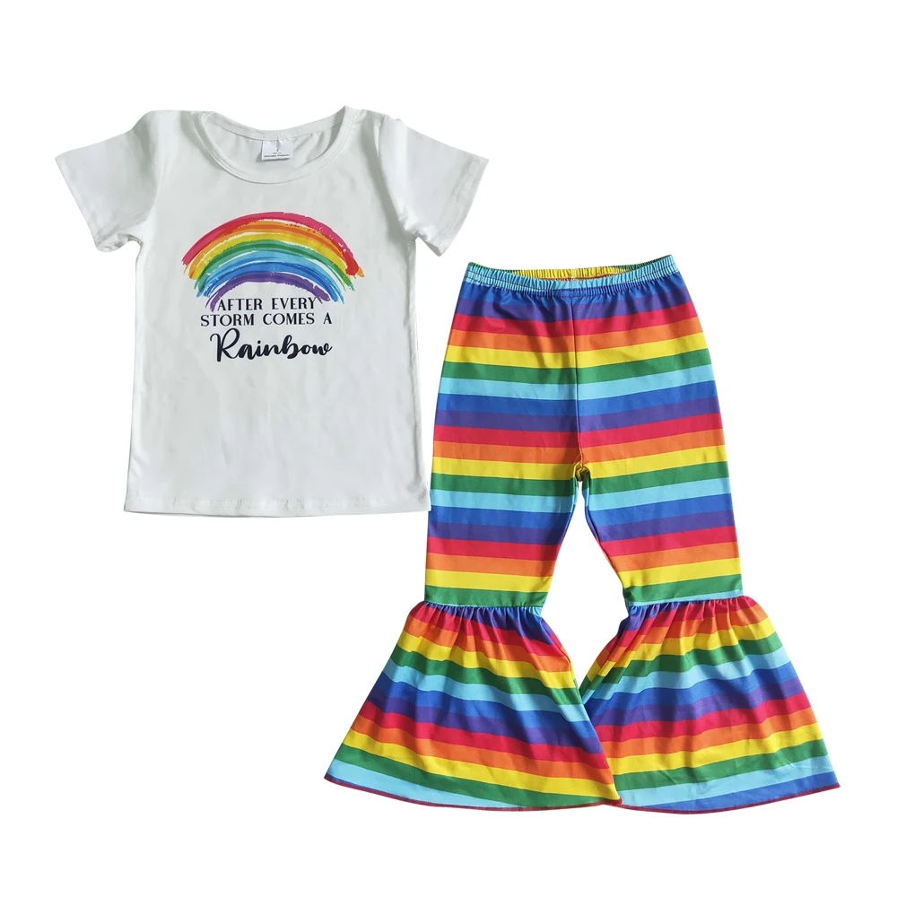 

RTS Girls Wear White Rainbow Short Sleeves Tee Shirt Toddlers Clothing Colorful Stripes Bell Pants Sets Baby Girls Clothes