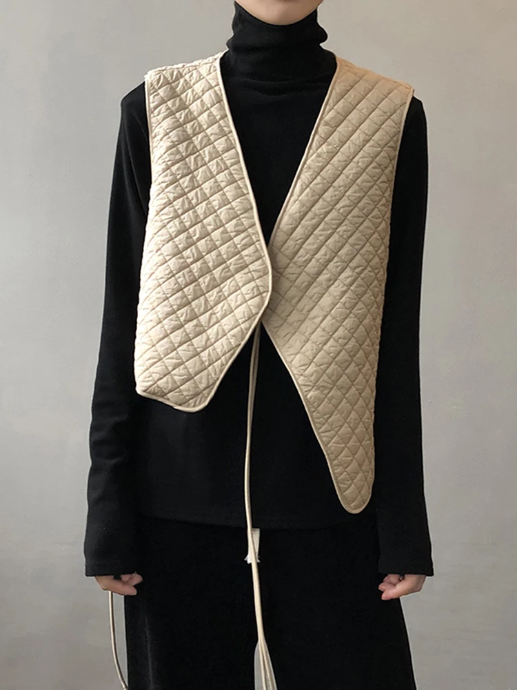 QOERLIN Designer Irregular Women's Winter Warm Jackets Sleeveless Vest Coats Autumn Beige Outerwear Lace-Up Waistcoat 2023 New