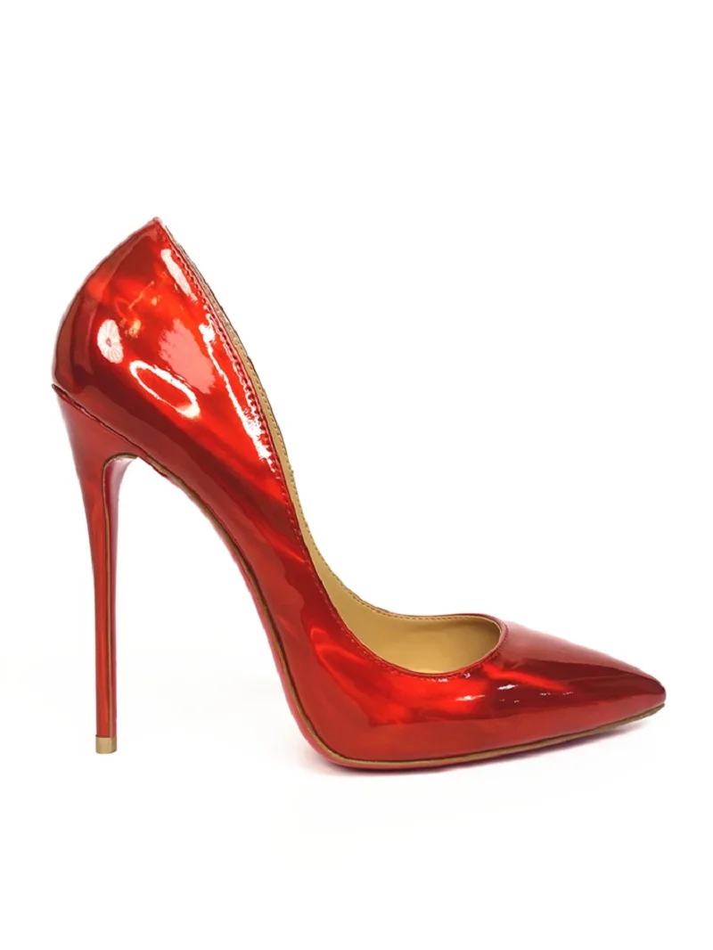 2023 Spring And Summer Brand Leather Women 's Shoes Red Shiny Sole High Heel Tip 12 Cm Sexy Wedding Pumps Extra Large