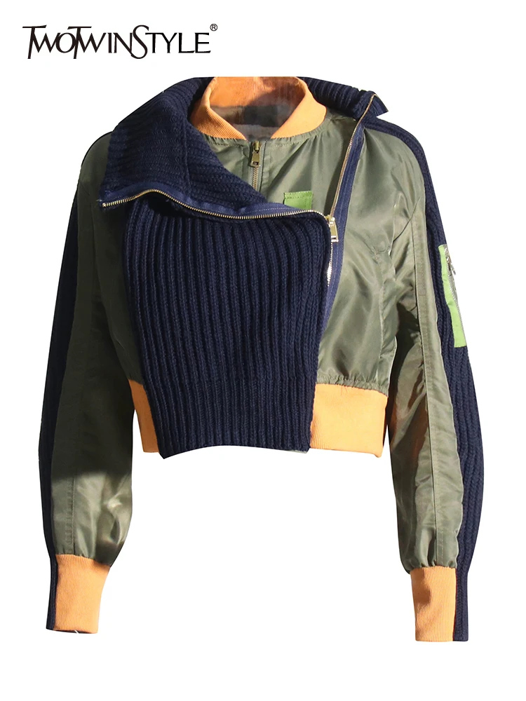 

Женское трикотажное пальто TWOTWINSTYLE, разноцветное повседневное пальто на молнии с круглым вырезом и длинным рукавом