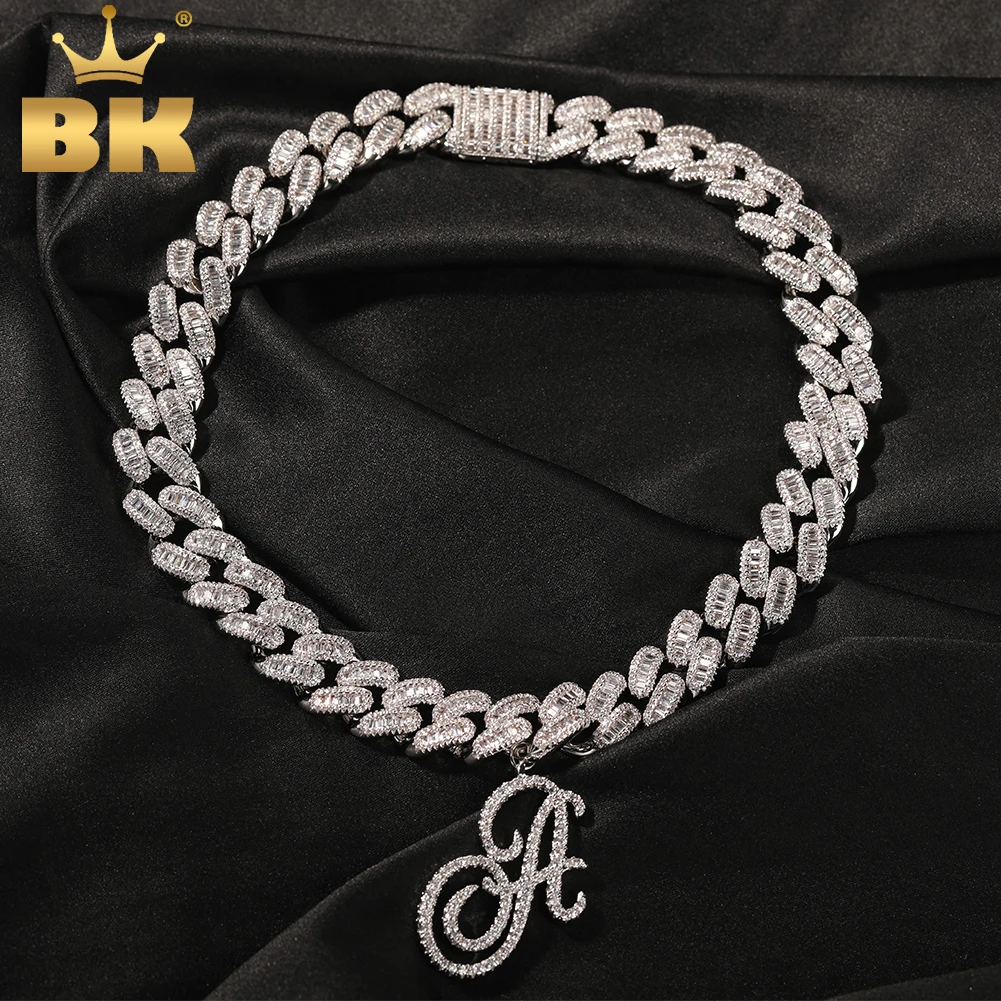 THE BLING KING 15mm Miami Bageutte Cuban Chain DIY Cursive Letter Paved CZ Persionalized Name Letters Necklace Hiphop Jewelry