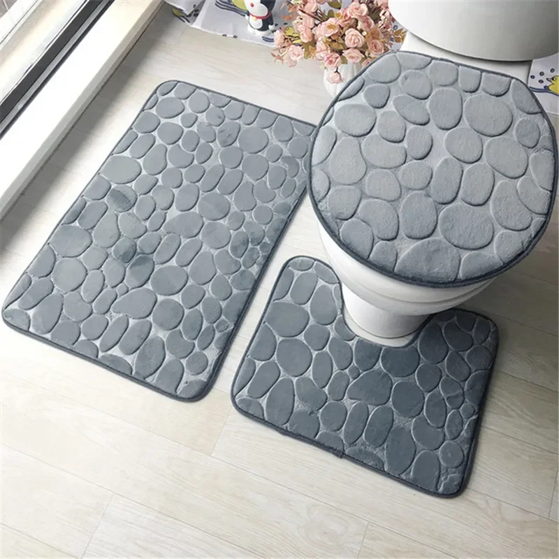 

Set of 3 Bathroom Bath Mat Set Soft Non Slip 2PCS Cobblestone Mat Bathroom Rug Absorbent Shower Carpets Toilet Lid Cover Floor