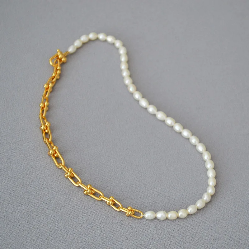 

Cool Gradient U-shaped Choker INS Trendy Buckle Chain Freshwater Pearl Gold-plated Brass Necklace