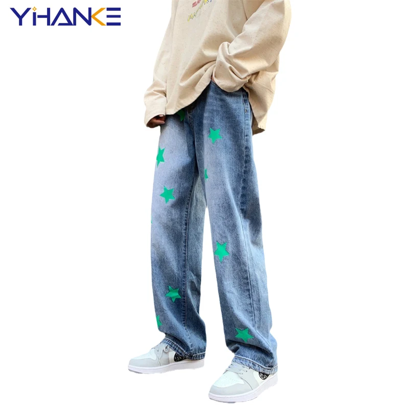 YIHANKE Spring New Trend Men Pentagram Print Jeans Straight Leg Pants Loose Wide Leg Jeans Pants Fashion Men Trousers Pantalones