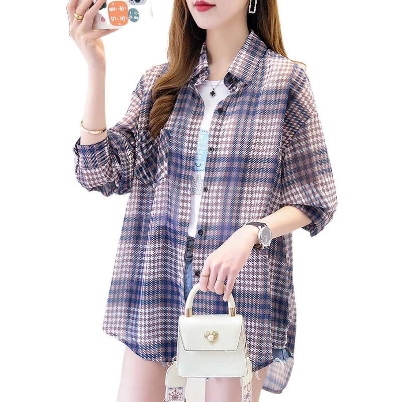 Женская тонкая рубашка в клетку топ из полиэстера с длинным рукавом Базовая для