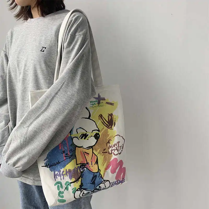 

Disney Mickey Mouse Print Tote Bag Large Capacity Graffiti Pattern Hand Shoulder Bag Cartoon Ladies Shopping Bag Canvas Bag