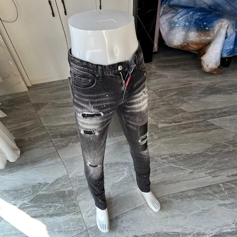 Street Fashion Men Jeans Retro Black Gray Elastic Skinny Ripped Jeans Men Leather Patched Designer Hip Hop Brand Pants Hombre