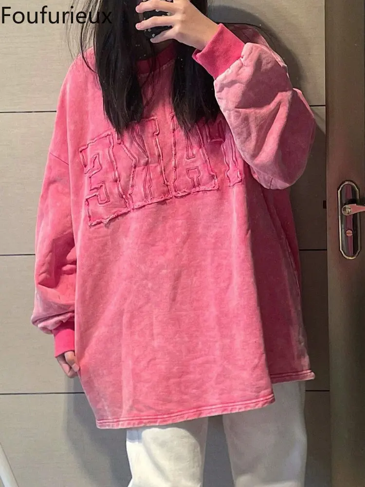 

Foufurieux Women Sweatshirt Appliqué Letter Embroidery Vintage Sweatshirt Autumn Harajuku Casual Streetwear Hip Hop Oversized