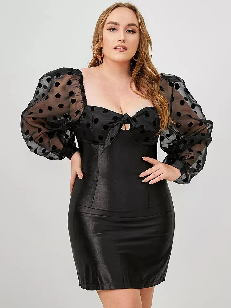 

Женское Сетчатое платье в горошек с пышными рукавами, черное милое вечернее платье с узлом спереди