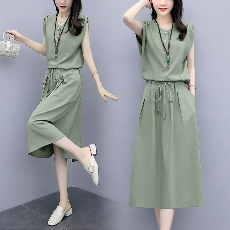 

2023 Summer Women's New Skirts Suits Female O-neck Sleeveless Tops and Loose Pockets Skirt Ladies Casual 2 Piece Sets Y125