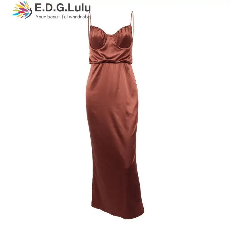 

EDGLuLu 2022 New Summer Spaghetti Strap Long Dress Women Sleeveless Backless Skinny Brown Satin Dresses Sexy Vestidos 0531
