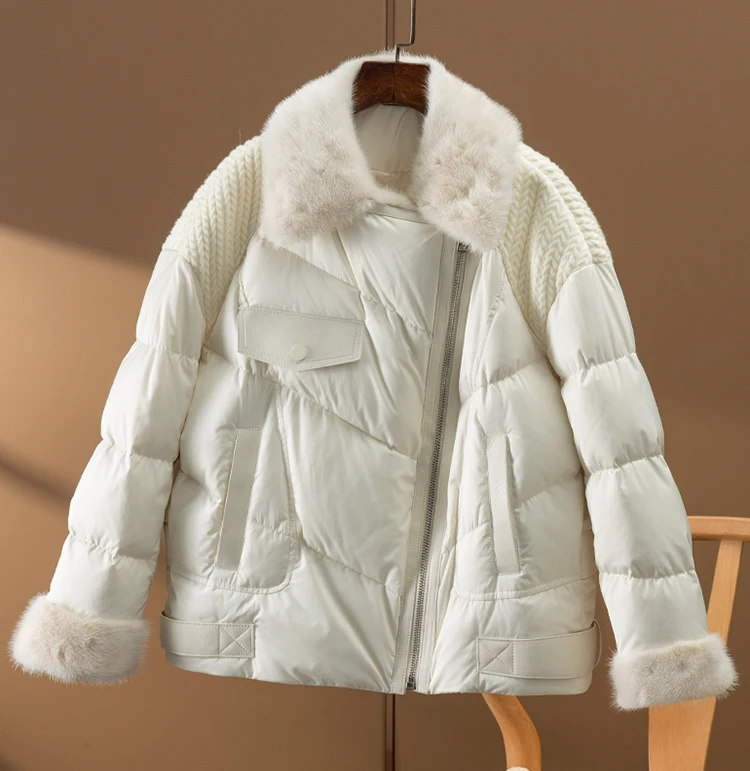 90% White Goose Down Casaco Feminino  Women Jacket Patchwork Mink Sheepskin High Street Fashion Zipper Warm Coat