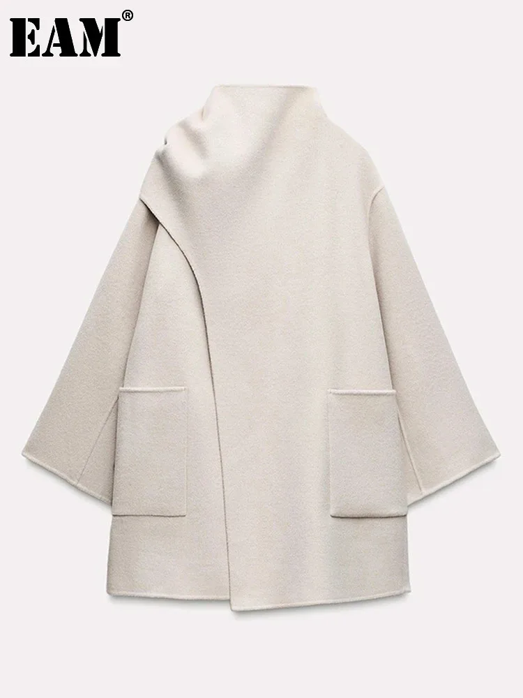 Женское однотонное шерстяное пальто EAM с воротником-стойкой и длинным рукавом