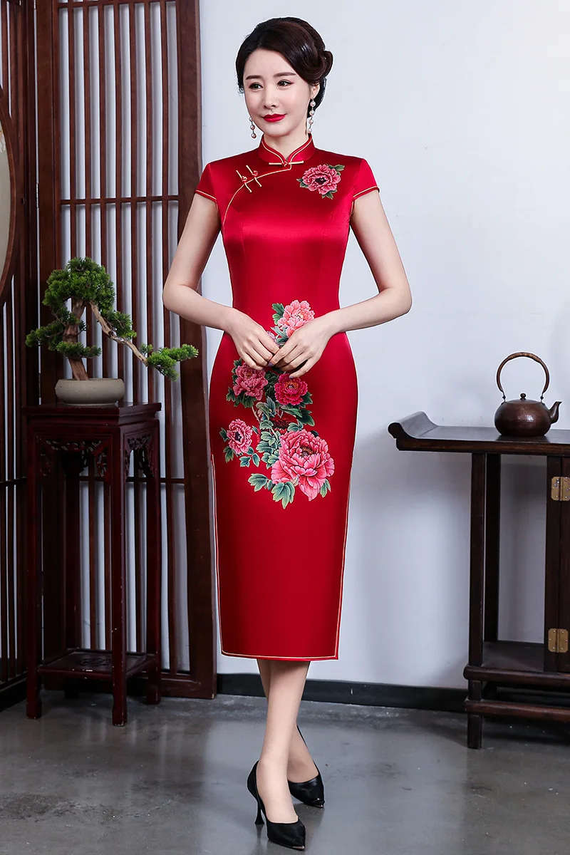 

High Grade New Retro Improved Slim Silk Chinese cheongsam Women Daily Mulberry Silk Long Dress Banquet Stand Collar Dress
