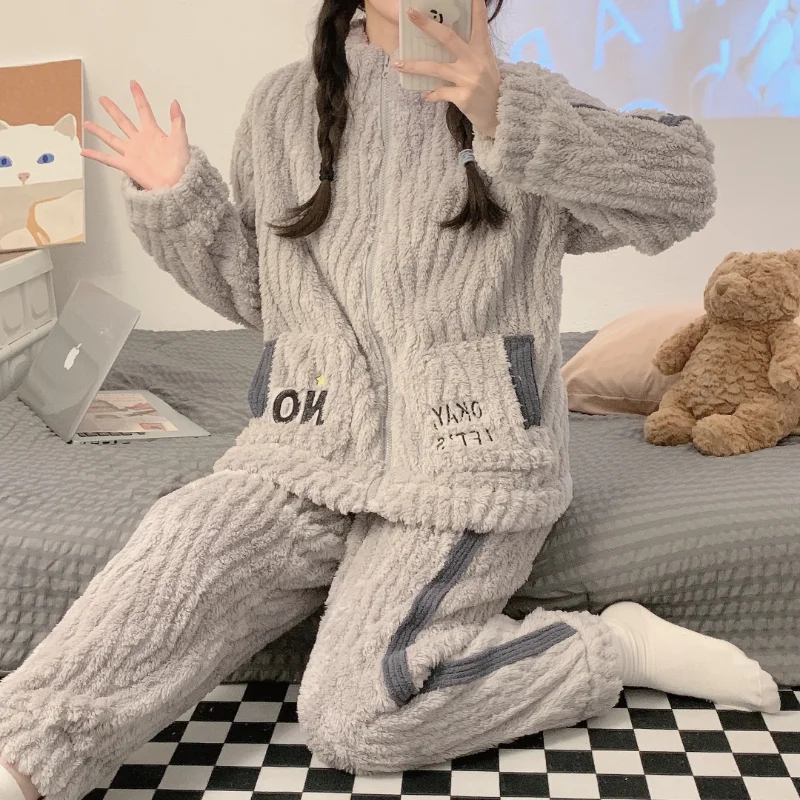 Winter Pajamas Women's Plush Long Sleeve Set Zipper Solid Color Embroidered Coral Velvet Women's Warm Casual Loose Home Dress