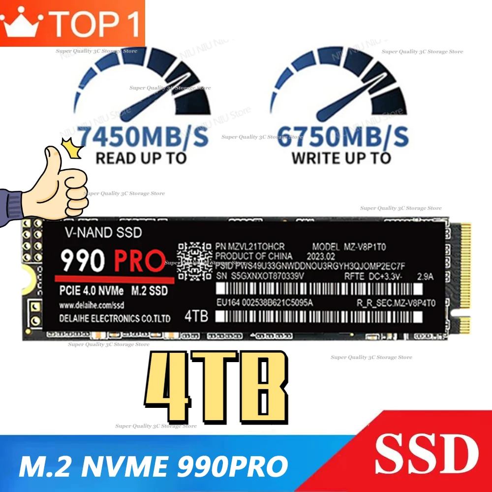 

2023 Original NVME M.2 2280 990 PRO 1TB/2TB/4TB PCIe 4.0X4 Hard Drive Disk 3.0 Internal Solid State for PlayStation 5/Laptop/Mac