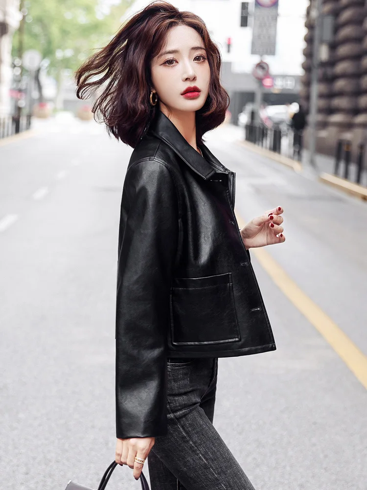 New Women Short Leather Jacket Spring Autumn Fashion Shirt Collar Single Breasted Slim Short Leather Coat Sheepskin Biker Jacket