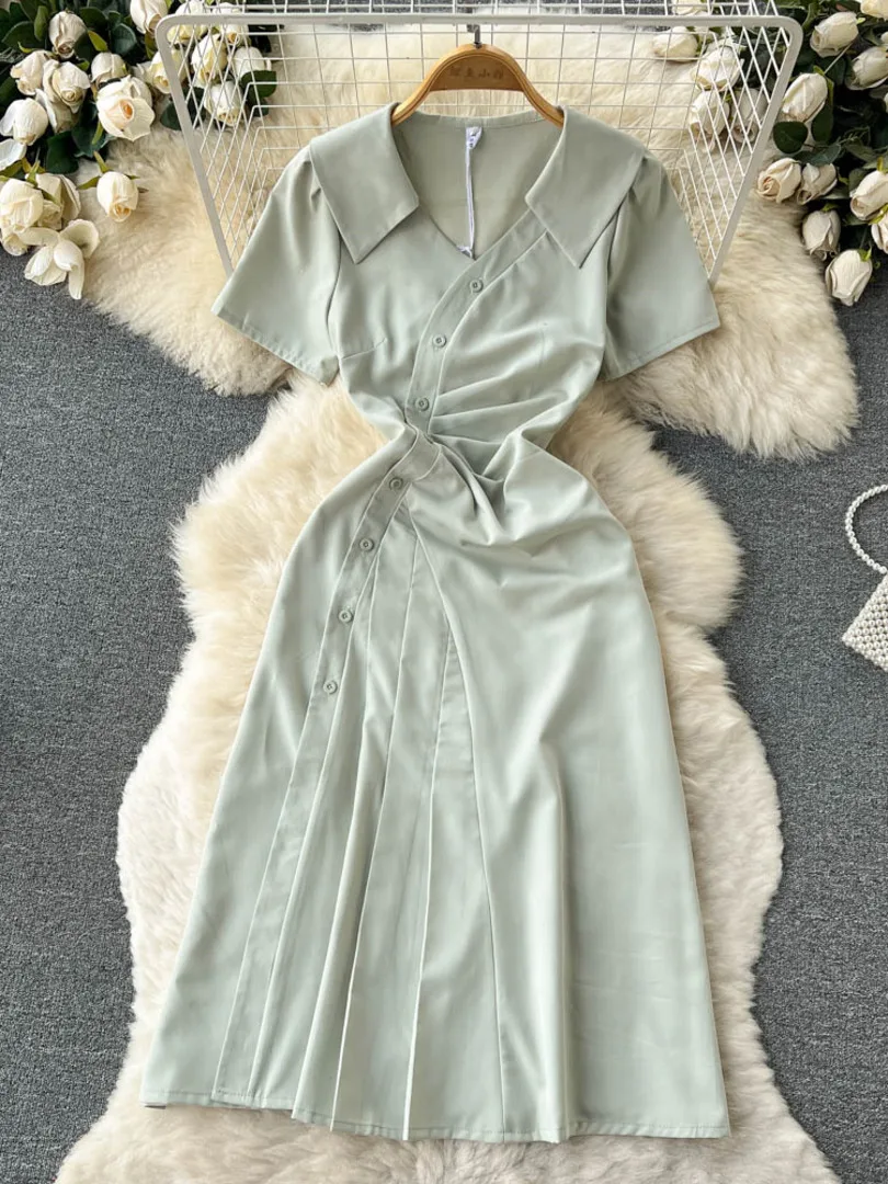 

Foamlina Korean Fashion Women's Dress 2022 New Stylish Summer Elegant V-neck Short Sleeve Buttons Slim A-line Midi Party Dress