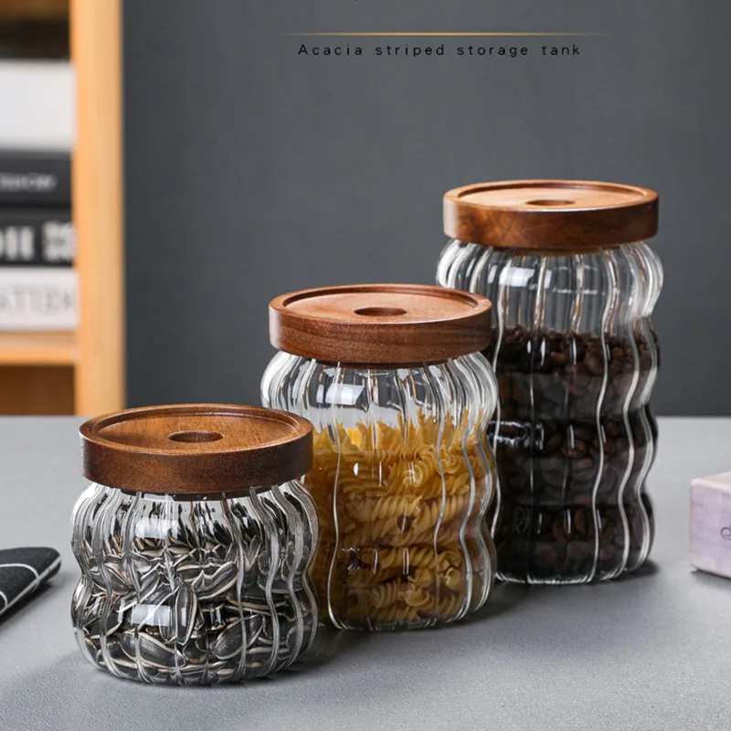 

Wholesale Wood Cover Ripple Thick Glass Storage Jar Tea Cans Grains Storage Jar Coffee Beans Storage Bottles Sealed Jar