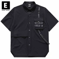 black cargo shirt men hip hop streetwear summer short sleeve shirts multiple pockets shirts techwear male summer tops
