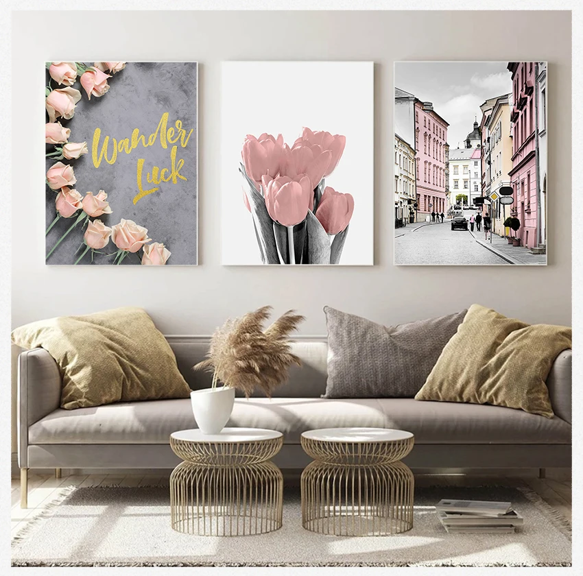

Printed Canvas Painting Nordic Posters Wall Pictures For Living Room Decor Paris Peony Tulips Rose Street Landscape Wall Art