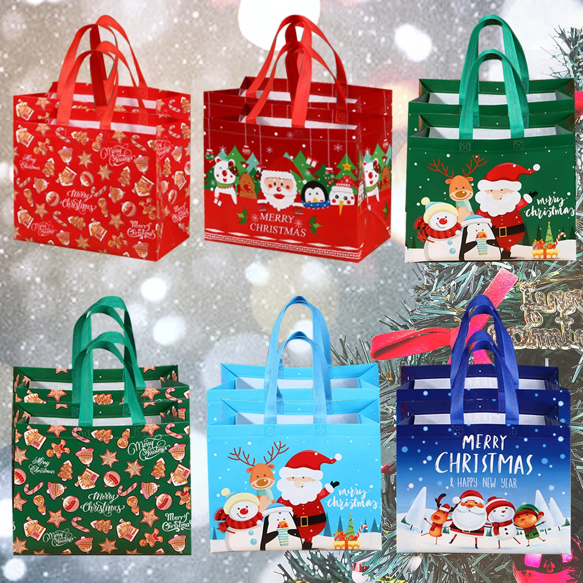 

12pcs Christmas Tote Bags with Handle Foldable Reusable Grocery Bags Set Non-Woven Christmas Shopping Bags Gift Present Bag for