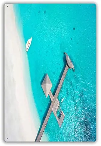 

Funny Retro Cafe Store Metal Tin Signs Wall Decor Top Aerial Sandy Beach Lagoon Footbridge