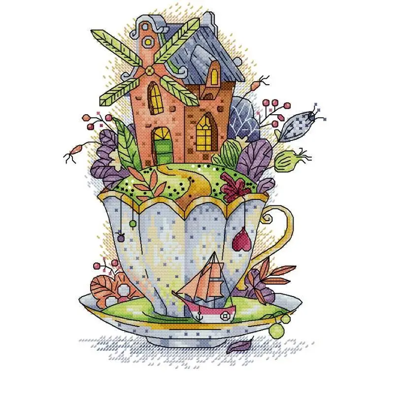 

Набор для вышивки крестиком «Дом на чашке», Детские Мультяшные узоры, рукоделие 14CT 16CT 11CT, холщовая ткань, хлопчатобумажная ткань